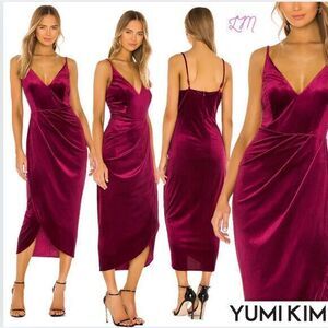 Yumi Kim Revolve Felicity Dress v-neck with a tulip skirt Red Wine Velvet Medium
